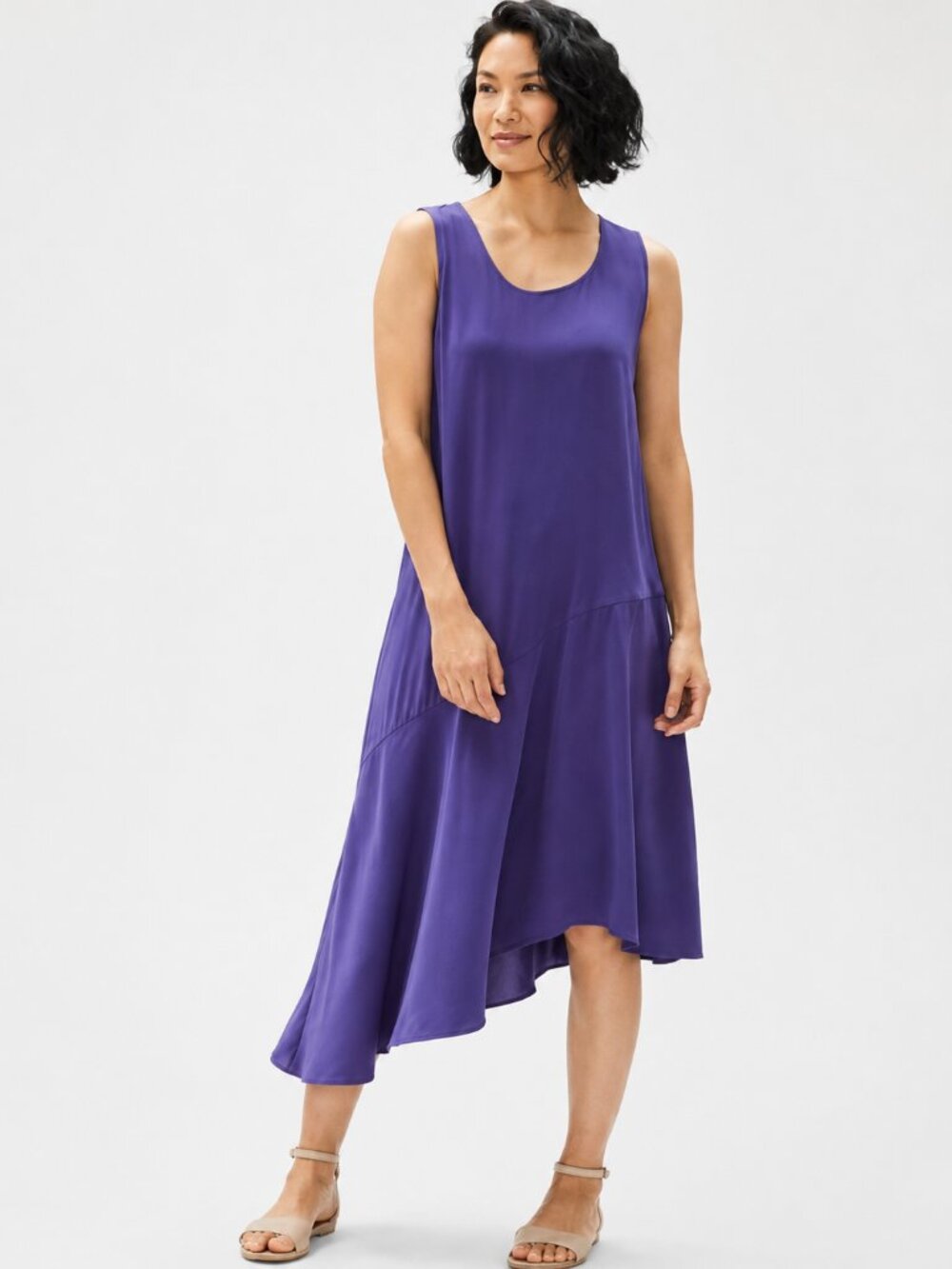 Eileen Fisher Silk Georgette Crepe Asymmetrical Dress Loose Fit Purple Size‎ XXS
